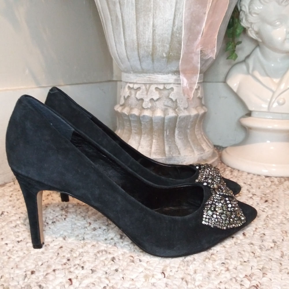 Audrey Brooke Ashley Rhinestone Bow Black Suede Stilletto Heel Pointed Toe Pumps